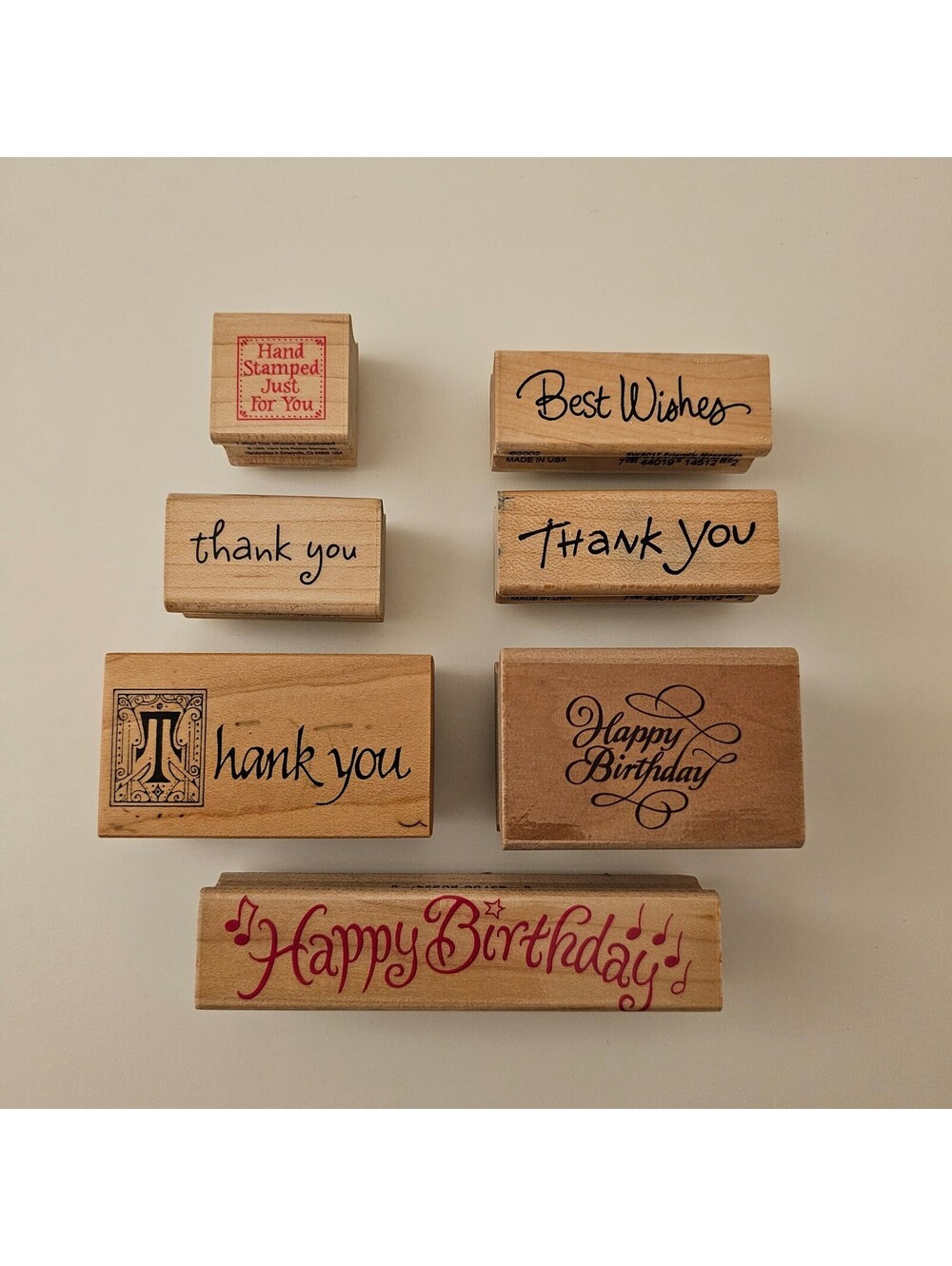 Lot of 7 Rubber Mounted on Wood Stamps Thank You, Happy Birthday & More